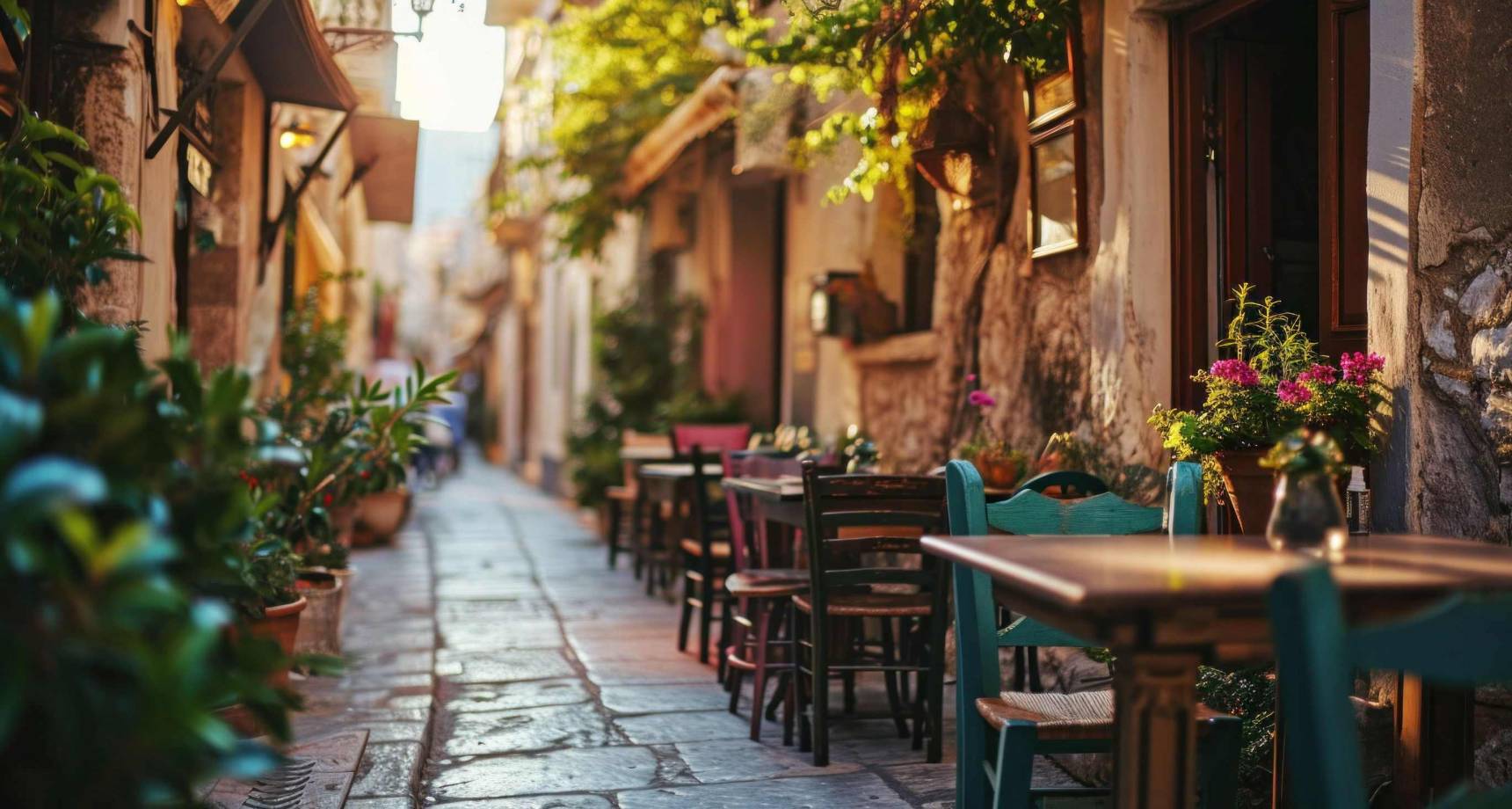 Rethymnon-Altstadt-Stuehle-Tische-draussen